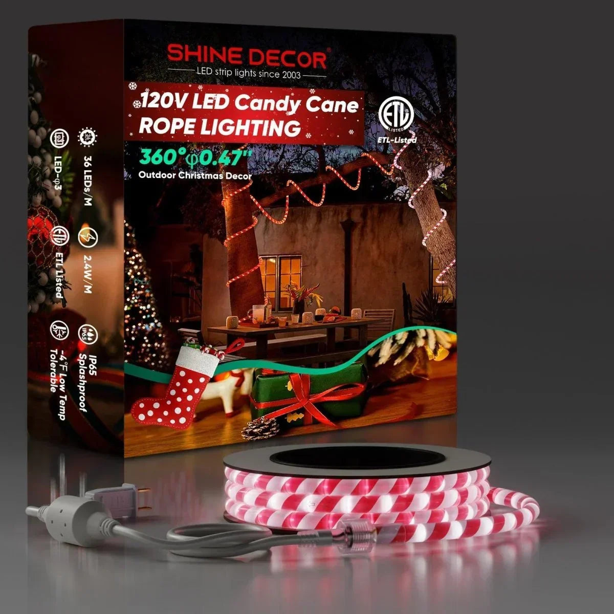 120V Candy Cane Rope Light Christmas Rope Light Colorful, IP65 - Shine Decor