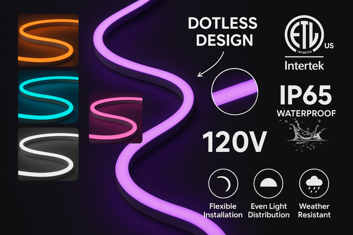 120V LED Neon Rope Lights All Models/Colors-ETL Listed, IP65/IP67, Dotless. - Shine Decor