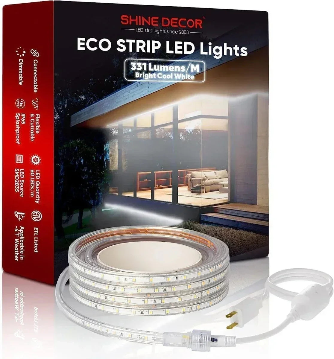 Eco 120V LED Strip Light White Durable-IP65, ETL Listed, 331Lumens/M - Shine Decor