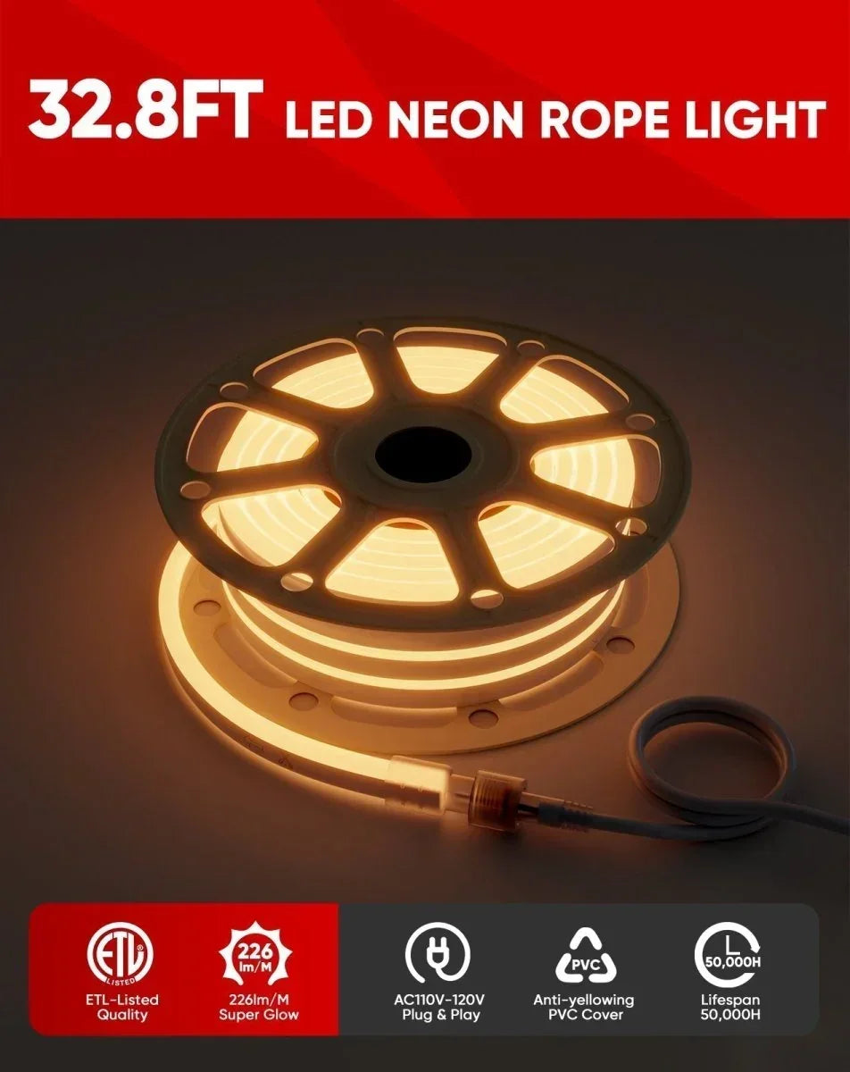 High-Lighted Ambient, 120V LED Neon Rope Light White-ETL Listed, IP65 - Shine Decor