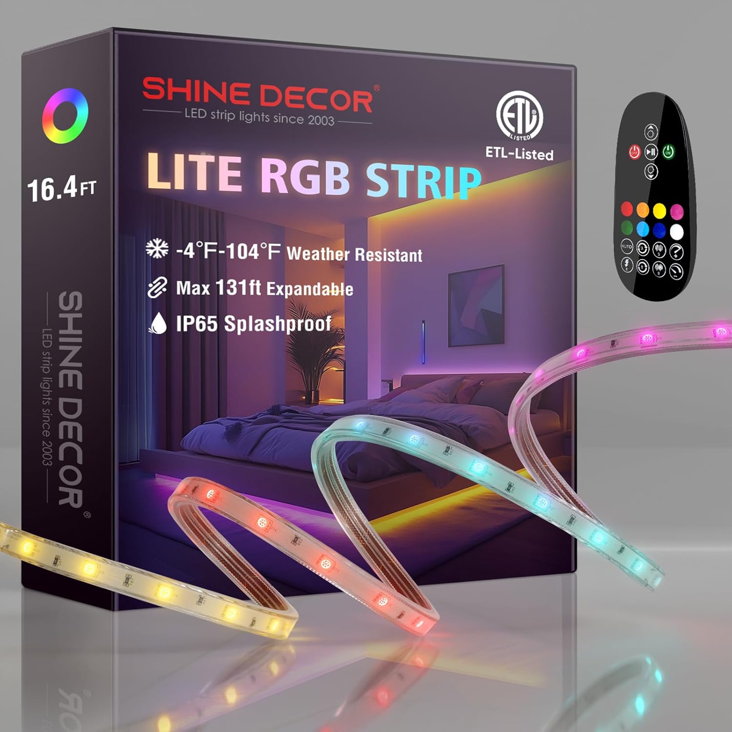 Shine Decor Lite RGB strip lights with packaging and remote control on a reflective surface.