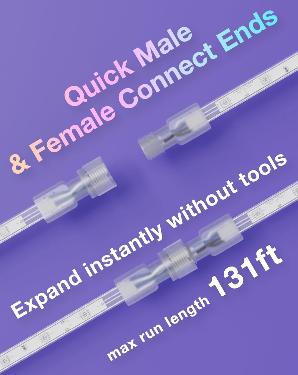 RGB led strip light Quick male and female connect ends with text on a purple background