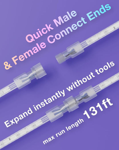 RGB led strip light Quick male and female connect ends with text on a purple background