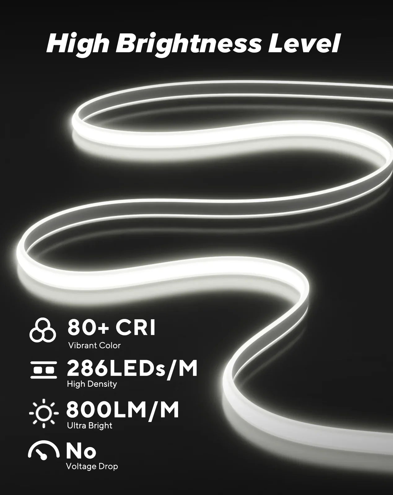 Driverless COB LED Neon Rope Light IP65, 120V ETL-Listed, 800 lm/m, 6000K