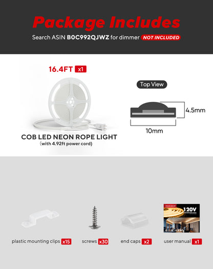 110V Ultra Bright-COB LED Neon Rope Light, 2800K Warm White 800Lumens/M