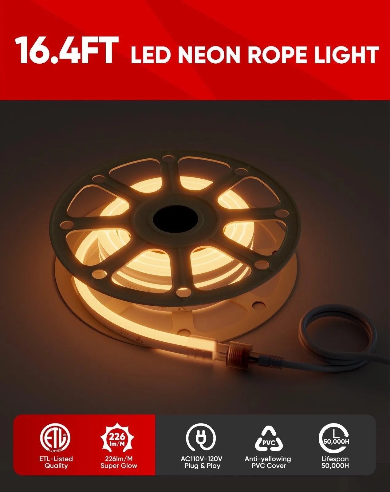 110V Bright Flexible LED Neon Rope Light 2500K Warm White 226Lumens/M - Shine Decor