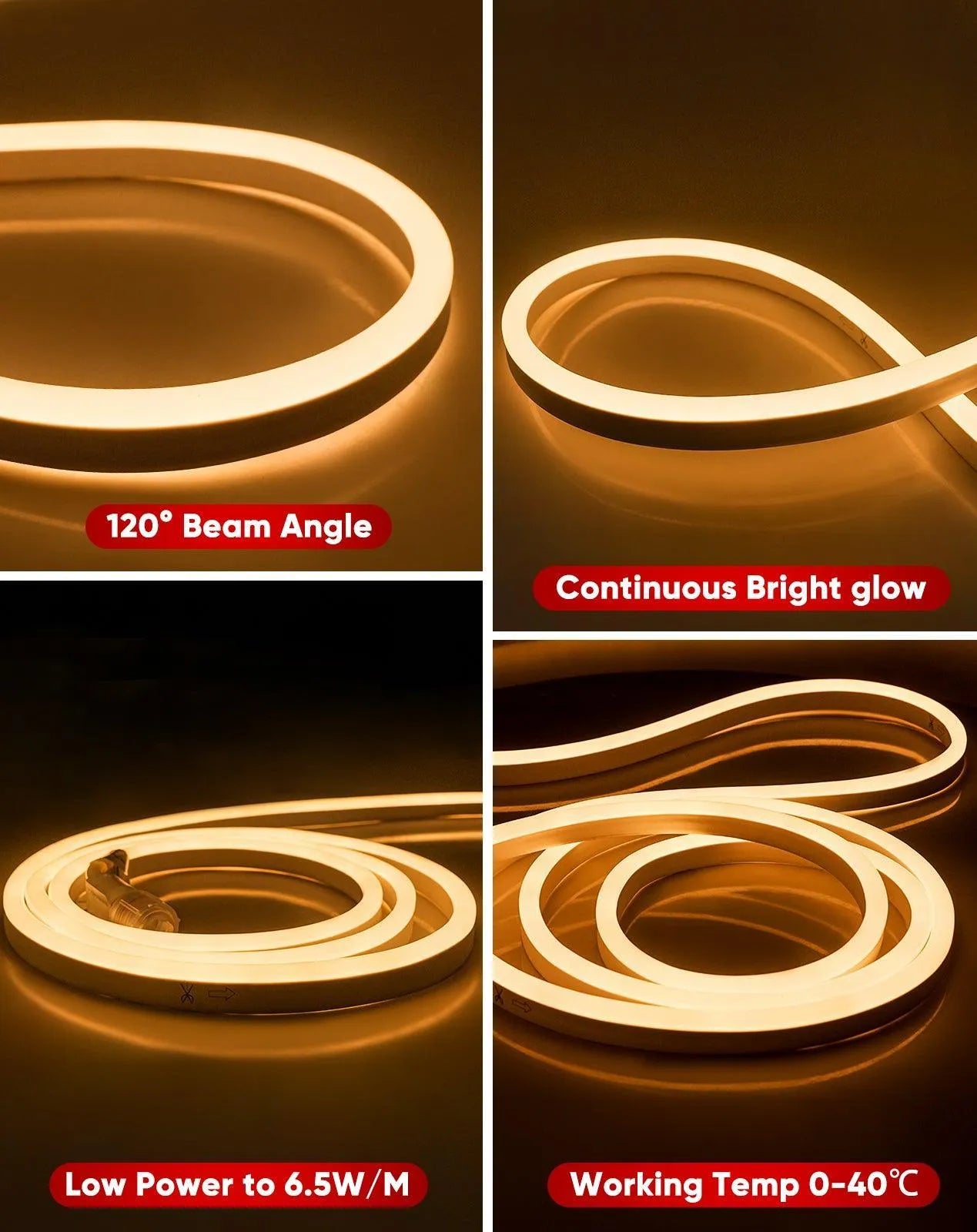110V Bright Flexible LED Neon Rope Light 2500K Warm White 226Lumens/M - Shine Decor