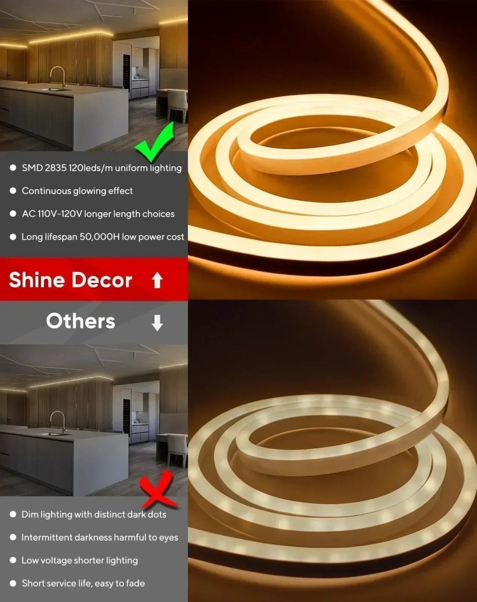 110V Bright Flexible LED Neon Rope Light, 2500K Warm White 226Lumens/M - Shine Decor