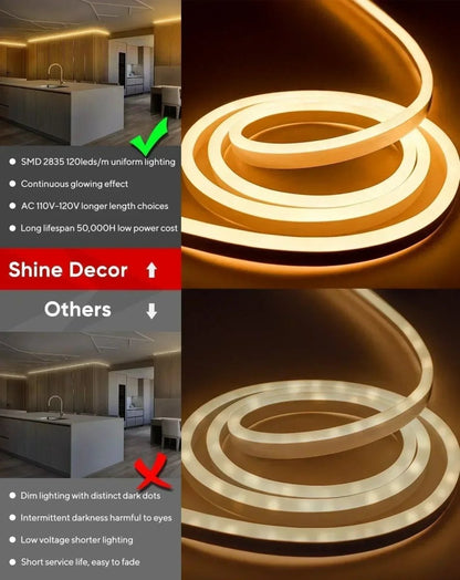 110V Bright Flexible LED Neon Rope Light, 2500K Warm White 226Lumens/M - Shine Decor
