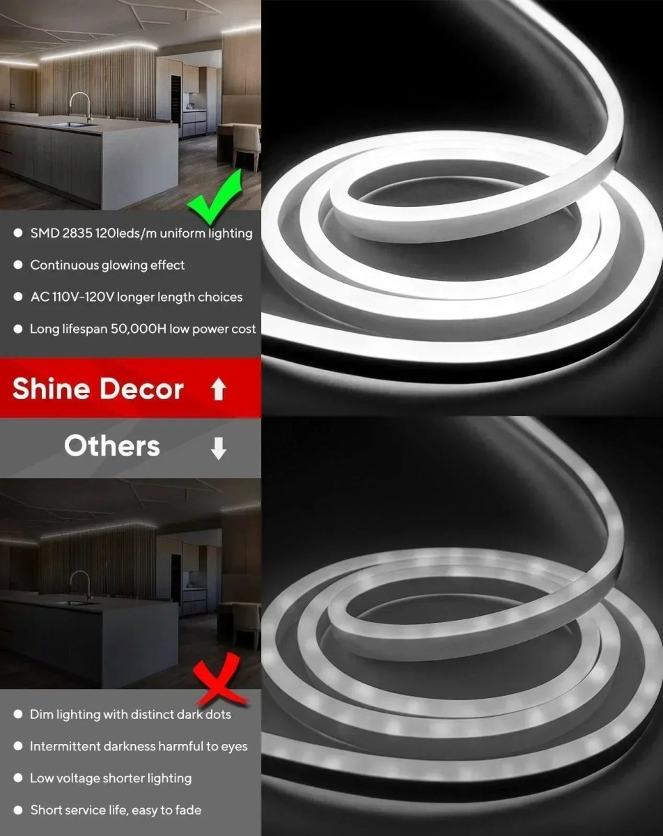 110V Bright Flexible LED Neon Rope Light, 6300K Cool White 226Lumens/M - Shine Decor