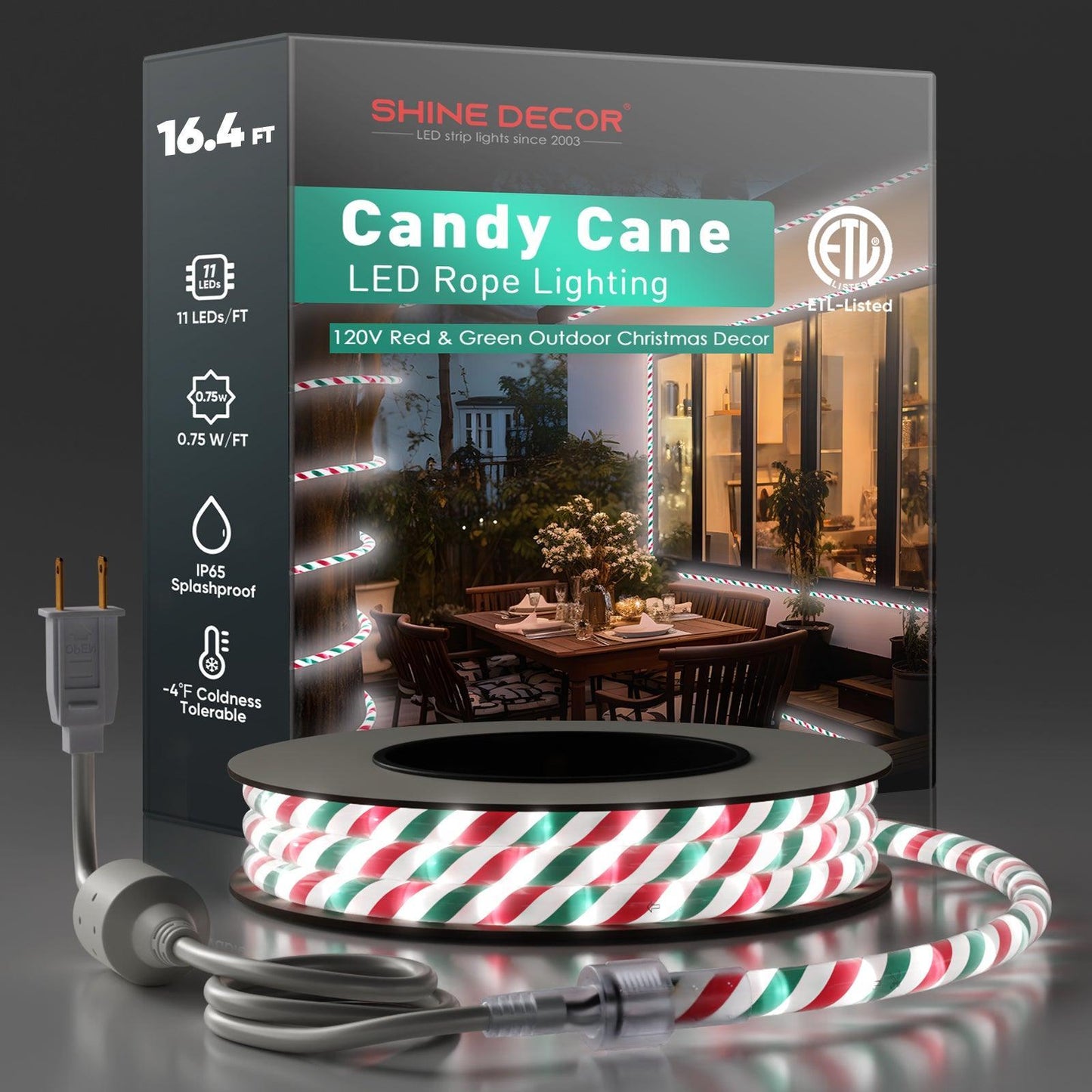 110V Candy Cane Rope Light 11000K White Red Green Christmas Rope Light - Shine Decor