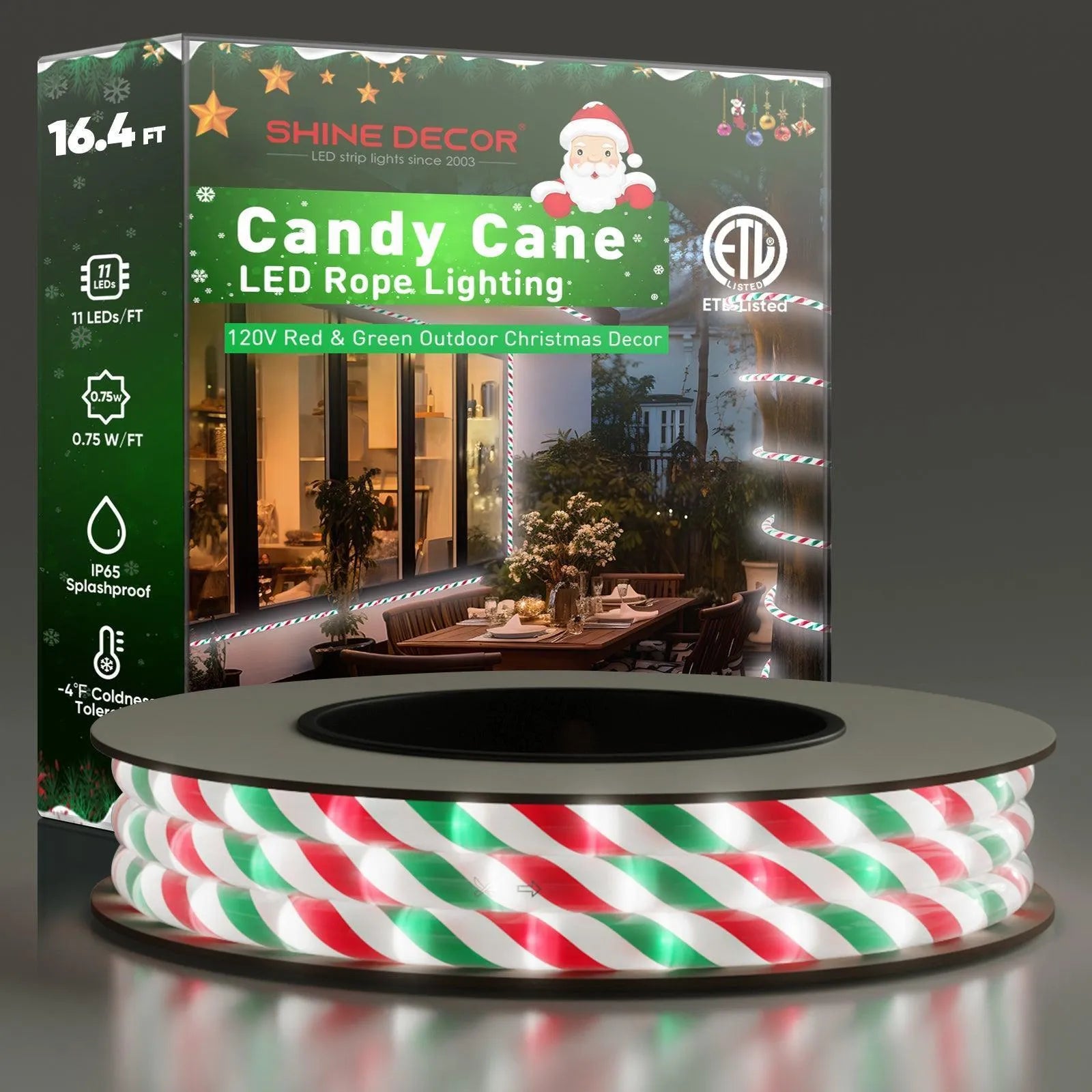 110V Candy Cane Rope Light 11000K White Red Green Christmas Rope Light - Shine Decor