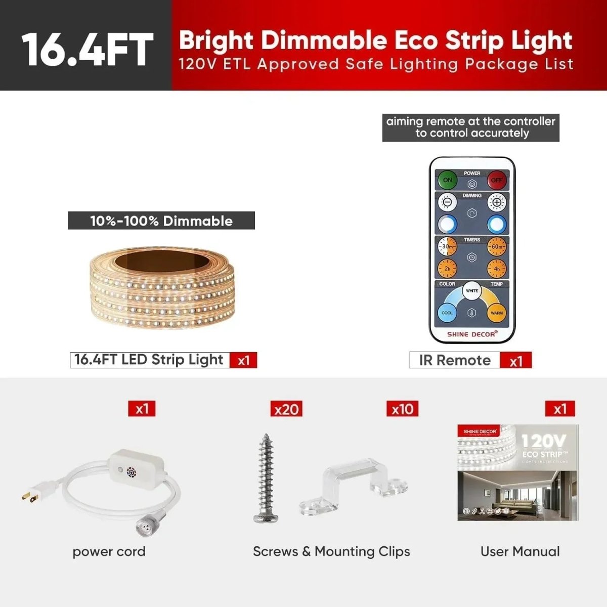 110V CCT Tunable White Strip, Remote Control, 2800K/4500K/6000K Changeable White - Shine Decor