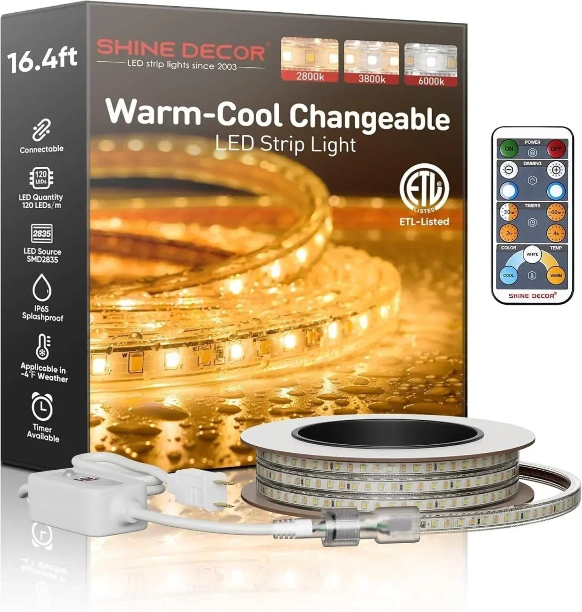 110V CCT Tunable White Strip, Remote Control, 2800K/4500K/6000K Changeable White - Shine Decor