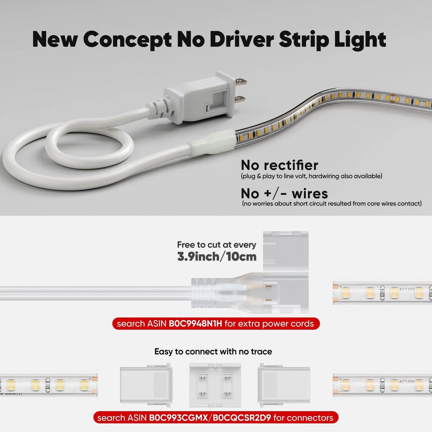 110V COB Led Strip Light Driverless LED Tape Light 6000K Cool White 244LM/FT - Shine Decor