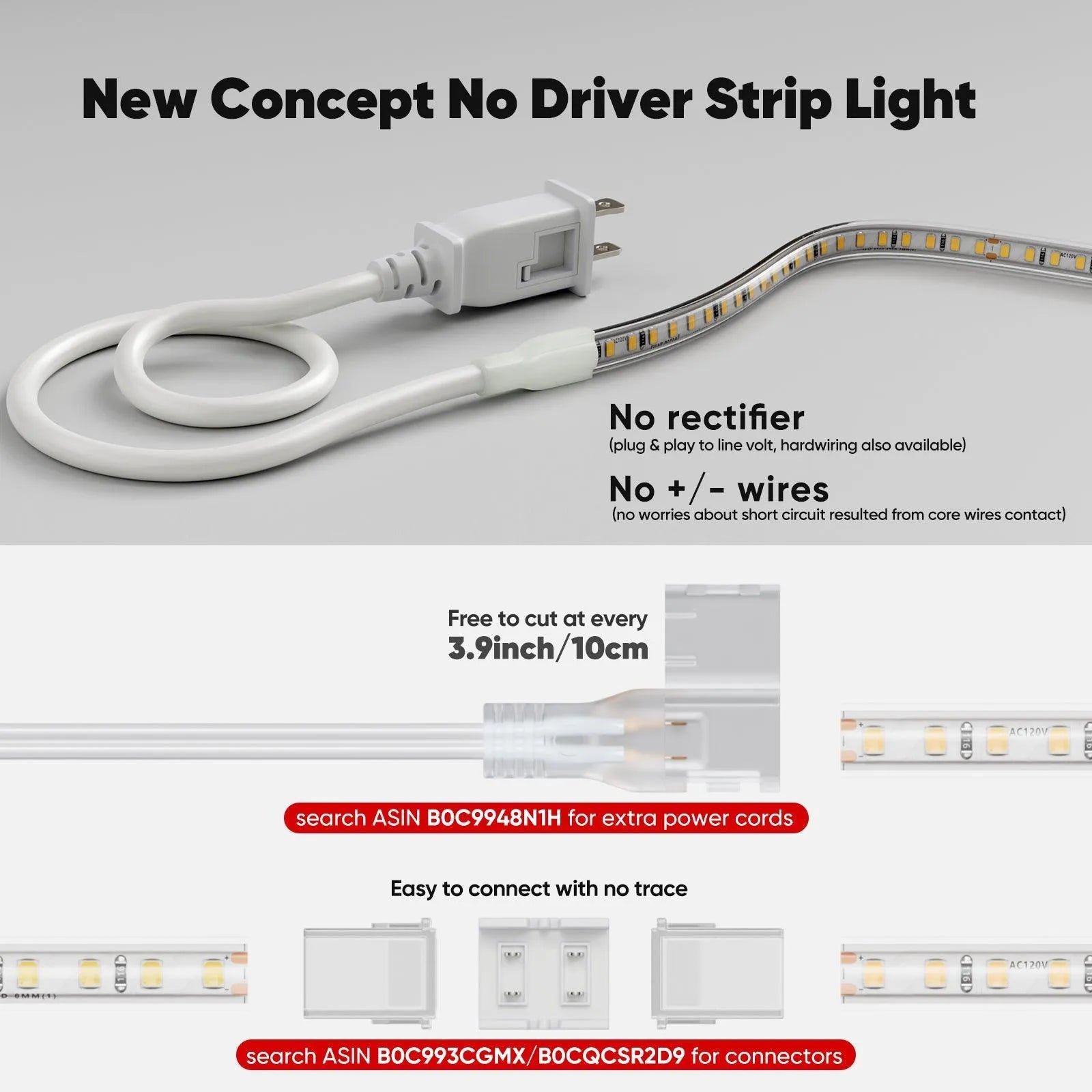 110V COB Led Strip Light Driverless LED Tape Light 6000K Cool White 244LM/FT - Shine Decor