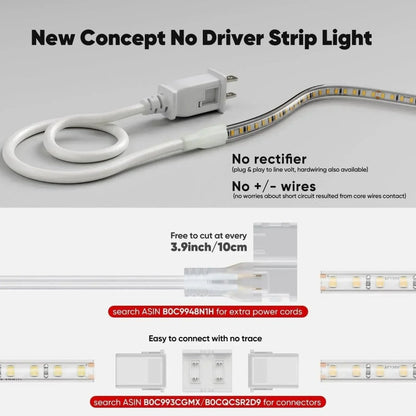 110V COB Led Strip Light, Driverless LED Tape Light-6000K Cool White 244LM/FT - Shine Decor