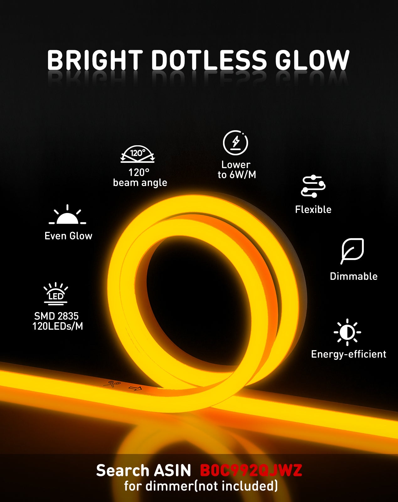 110V Eco Gold Yellow LED Neon Rope Light Energy Efficient Neon 189Lumens/M - Shine Decor