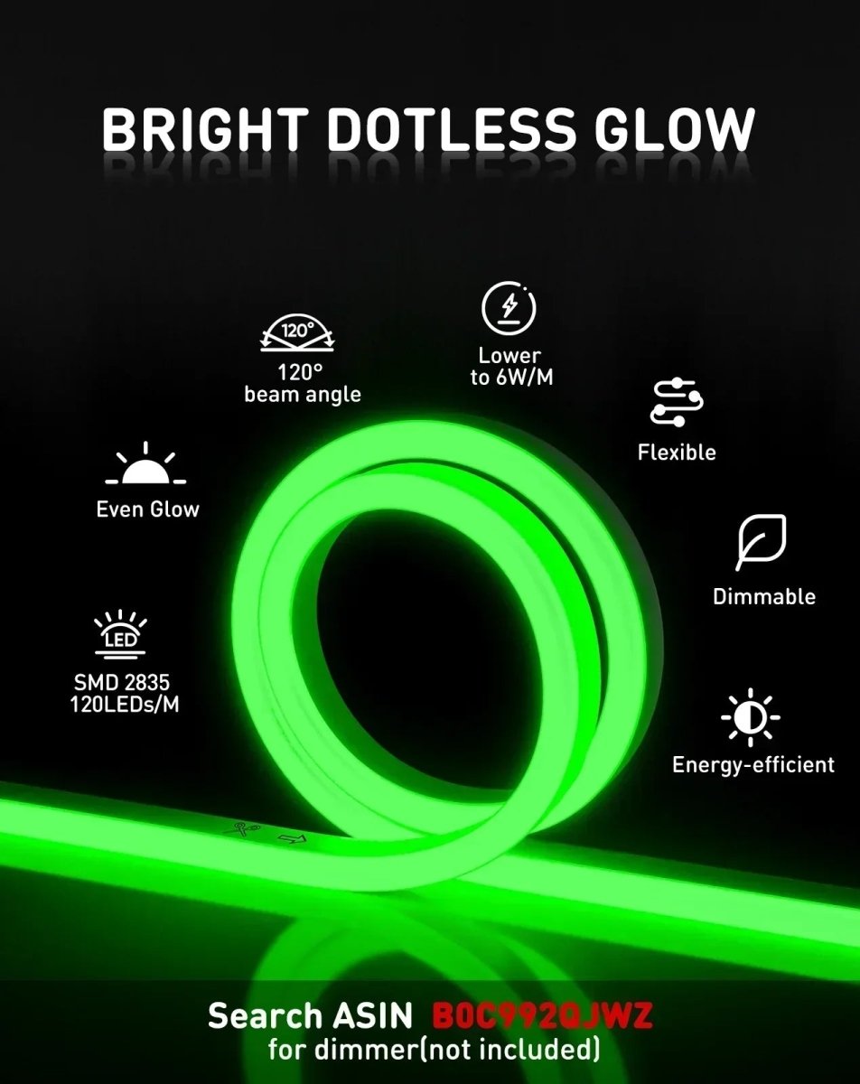 110V Eco Green Neon Rope Light, Energy Efficient Neon 189Lumens/M - Shine Decor