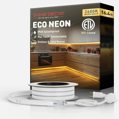 110V Eco LED Neon Rope Light, Warm White 2600K Energy Efficient 189Lumens/M - Shine Decor