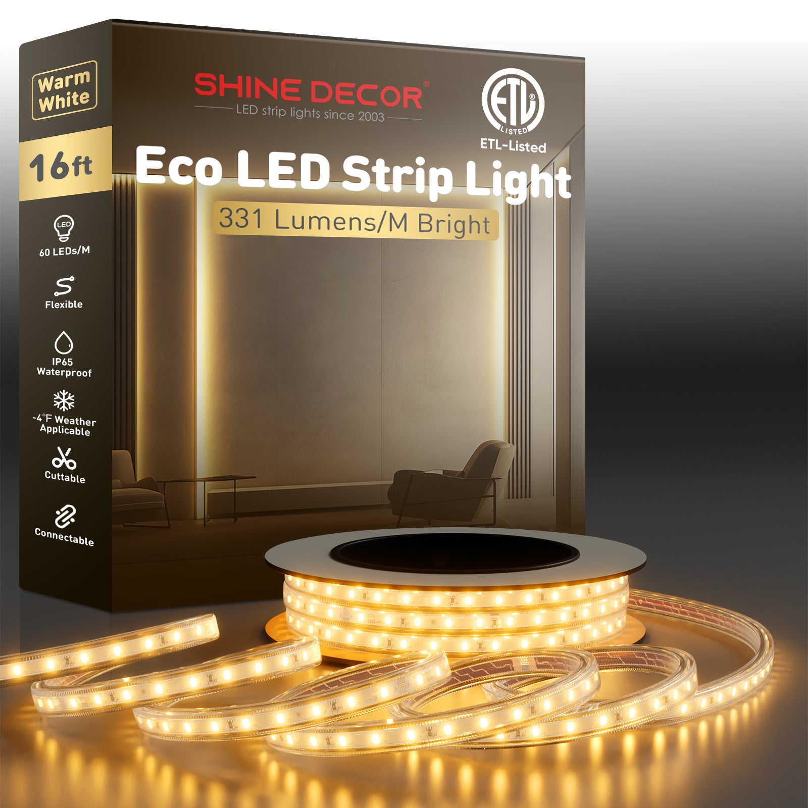 110V Eco LED Strip Light 2800K Warm White Energy Efficient 331Lumens/M - Shine Decor