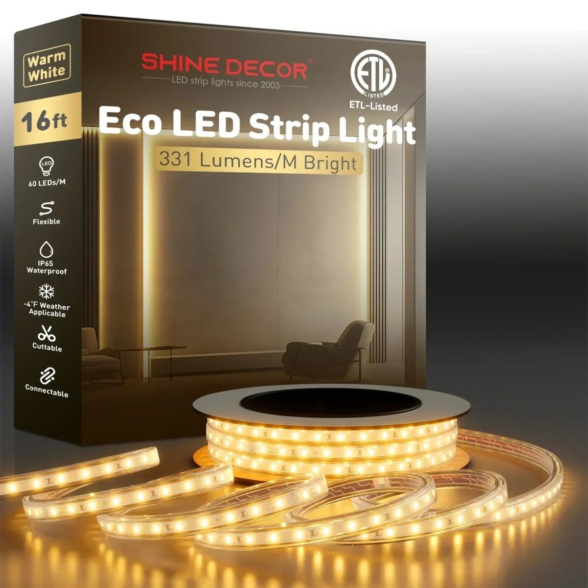 110V Eco LED Strip Light, 2800K Warm White Energy Efficient 331Lumens/M - Shine Decor