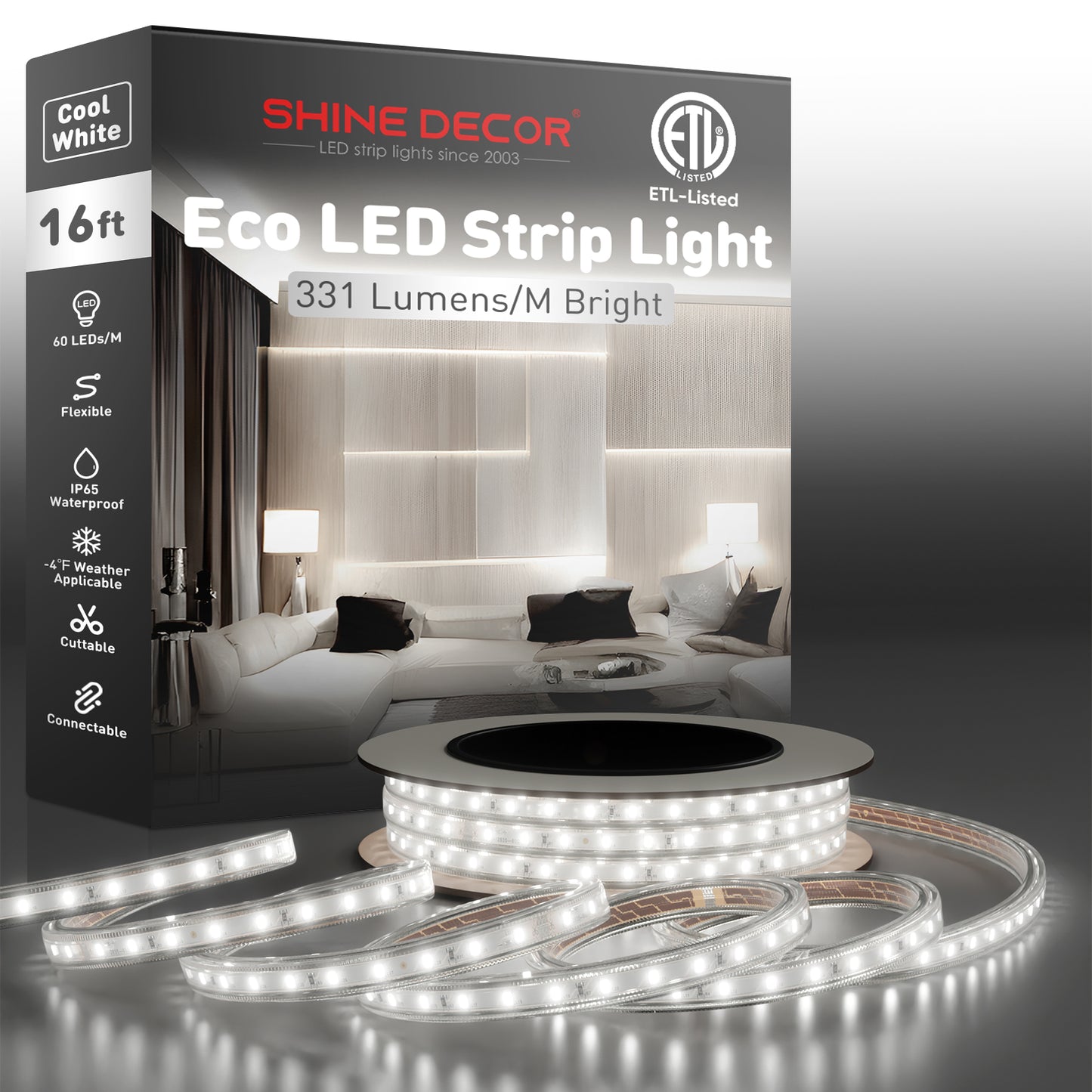 110V Eco LED Strip Light 6000K Cool White Energy Efficient 331Lumens/M - Shine Decor