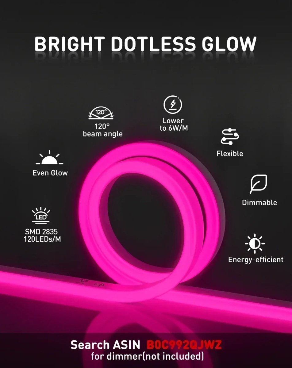 110V Eco Pink Neon Rope Light, Energy Efficient Neon 189Lumens/M - Shine Decor