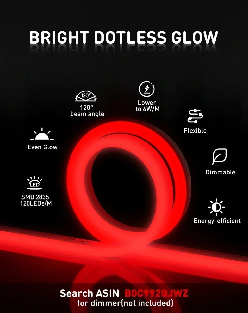 110V Eco Red LED Neon Rope Light, Energy Efficient Neon 189Lumens/M - Shine Decor