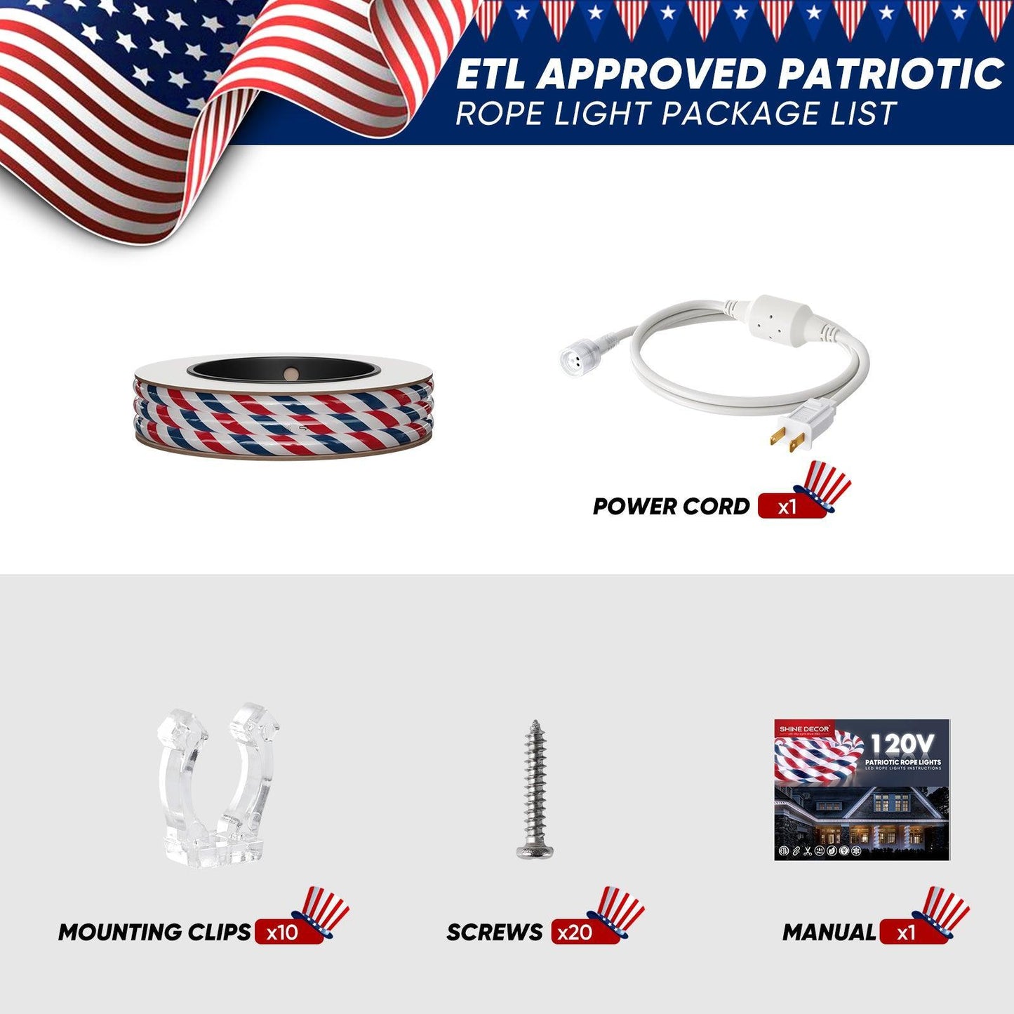 110V Patriotic Rope Light Red White Blue Rope Light 11000K US Flag Lighting - Shine Decor