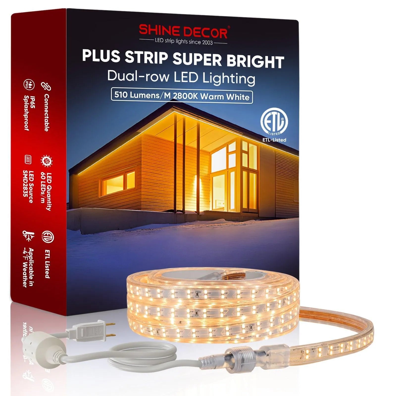 110V Super Bright Double Row Plus LED Strip 2800K Warm White 510Lumens/M - Shine Decor