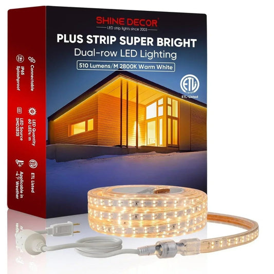 110V Super Bright Double Row Plus LED Strip, 2800K Warm White 510Lumens/M - Shine Decor