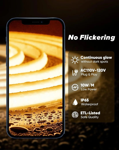 110V Ultra Bright COB LED Neon Rope Light 2800K Warm White 800Lumens/M - Shine Decor