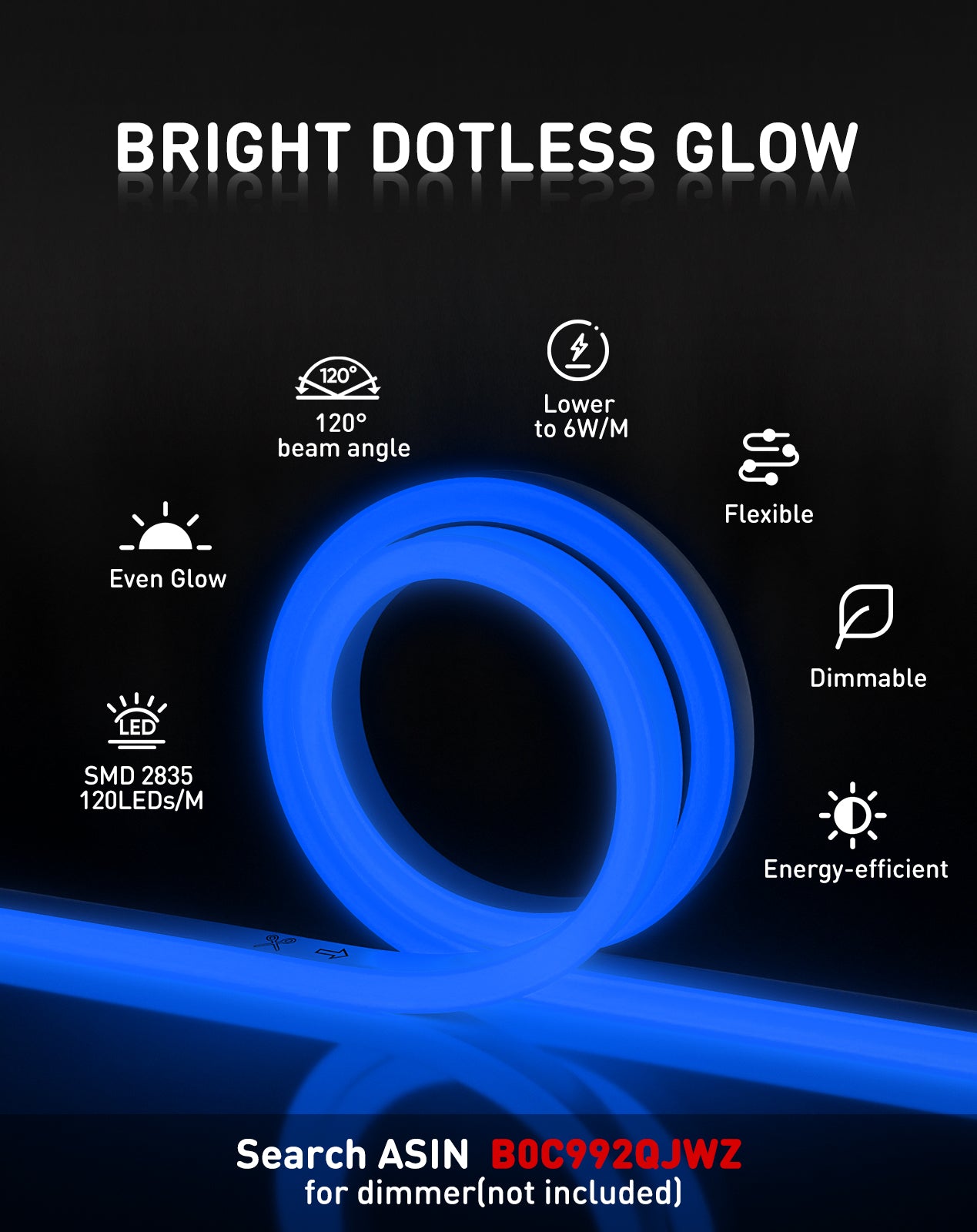 120V Eco blue rope light, Connectable & Cuttable Dotless 120LEDsM Neon Strip Lighting, ETL IP65 Waterproof & Weather-Resistant for Home Commercial