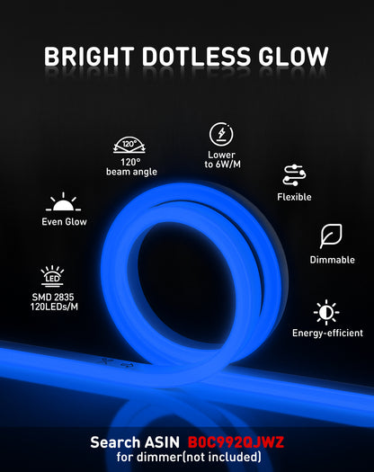 120V Eco blue rope light, Connectable & Cuttable Dotless 120LEDsM Neon Strip Lighting, ETL IP65 Waterproof & Weather-Resistant for Home Commercial