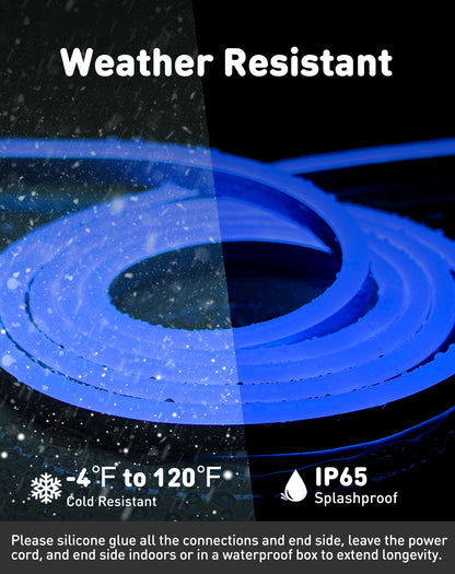 120V Eco blue rope light, Connectable & Cuttable Dotless 120LEDsM Neon Strip Lighting, ETL IP65 Waterproof & Weather-Resistant for Home Commercial