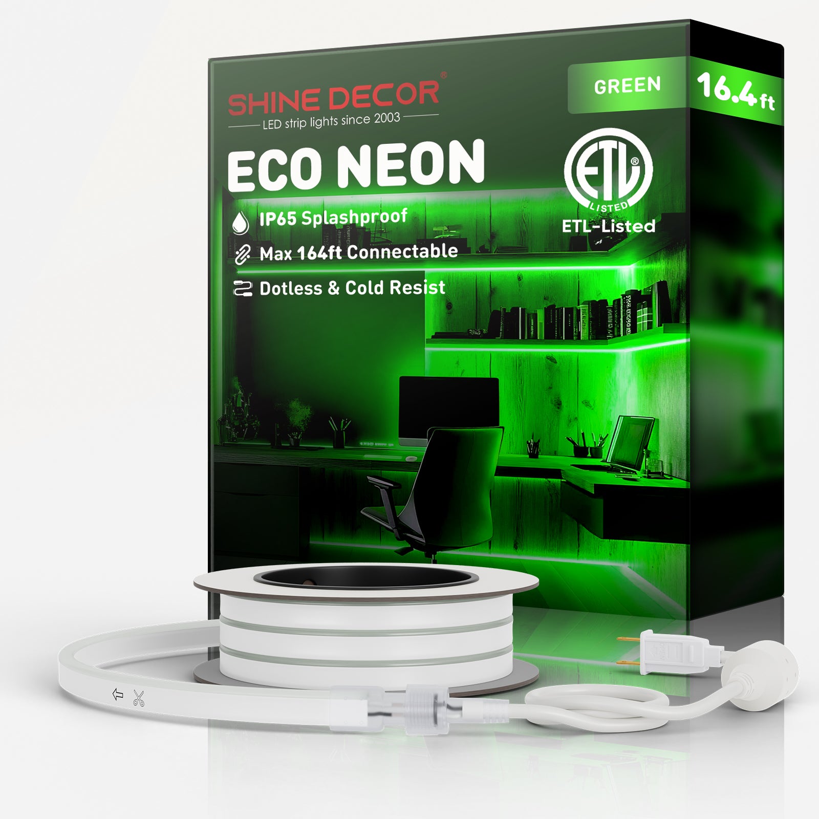 120V Eco green rope light, Connectable & Cuttable Dotless 120LEDsM Neon Strip Lighting, ETL IP65 Waterproof & Weather-Resistant for Home Commercial