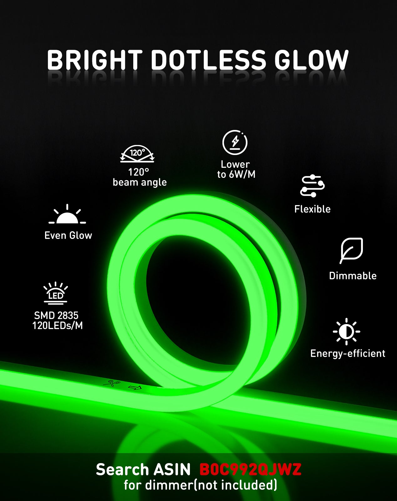 120V Eco green rope light, Connectable & Cuttable Dotless 120LEDsM Neon Strip Lighting, ETL IP65 Waterproof & Weather-Resistant for Home Commercial