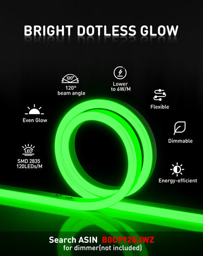 120V Eco green rope light, Connectable & Cuttable Dotless 120LEDsM Neon Strip Lighting, ETL IP65 Waterproof & Weather-Resistant for Home Commercial
