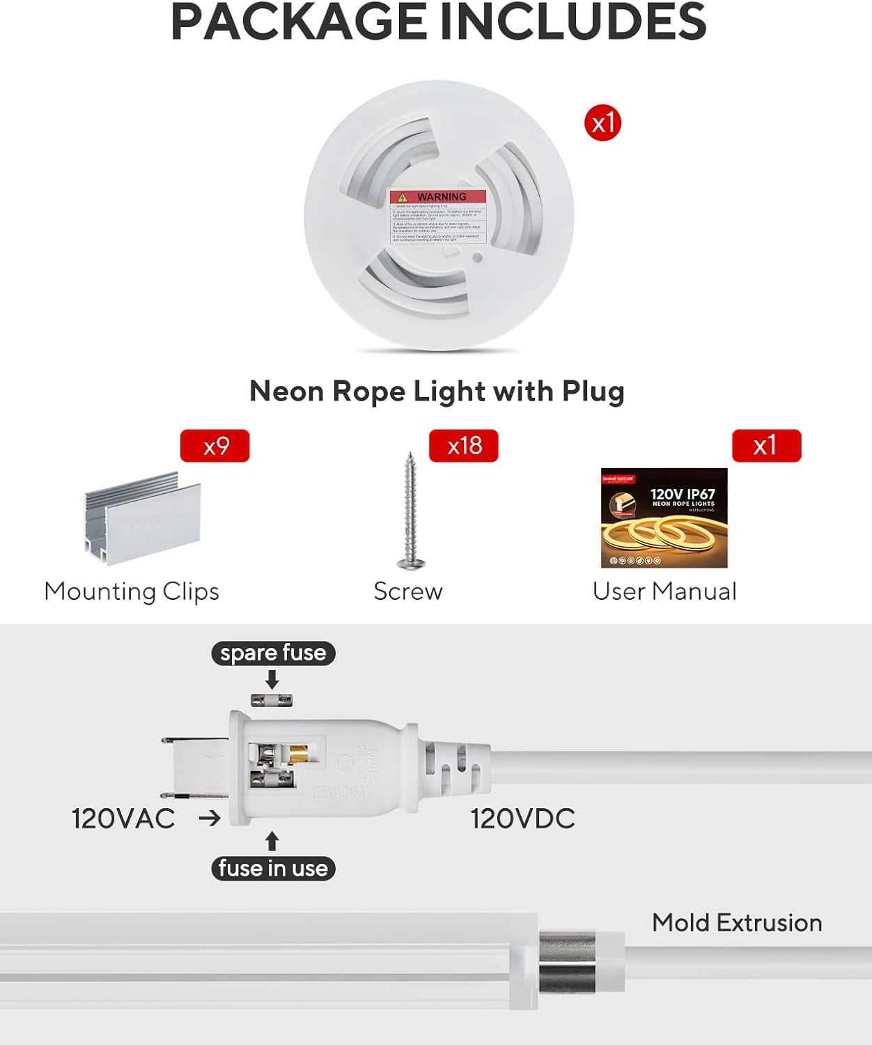 120V IP67 Waterproof Flexible White Outdoor LED Neon Rope Light Cold Resistant(-40℉~122℉)