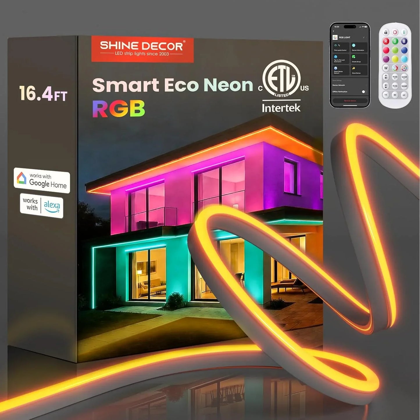 Shine Decor Smart Eco Neon RGB packaging with a house illuminated by neon lights and remote controls.