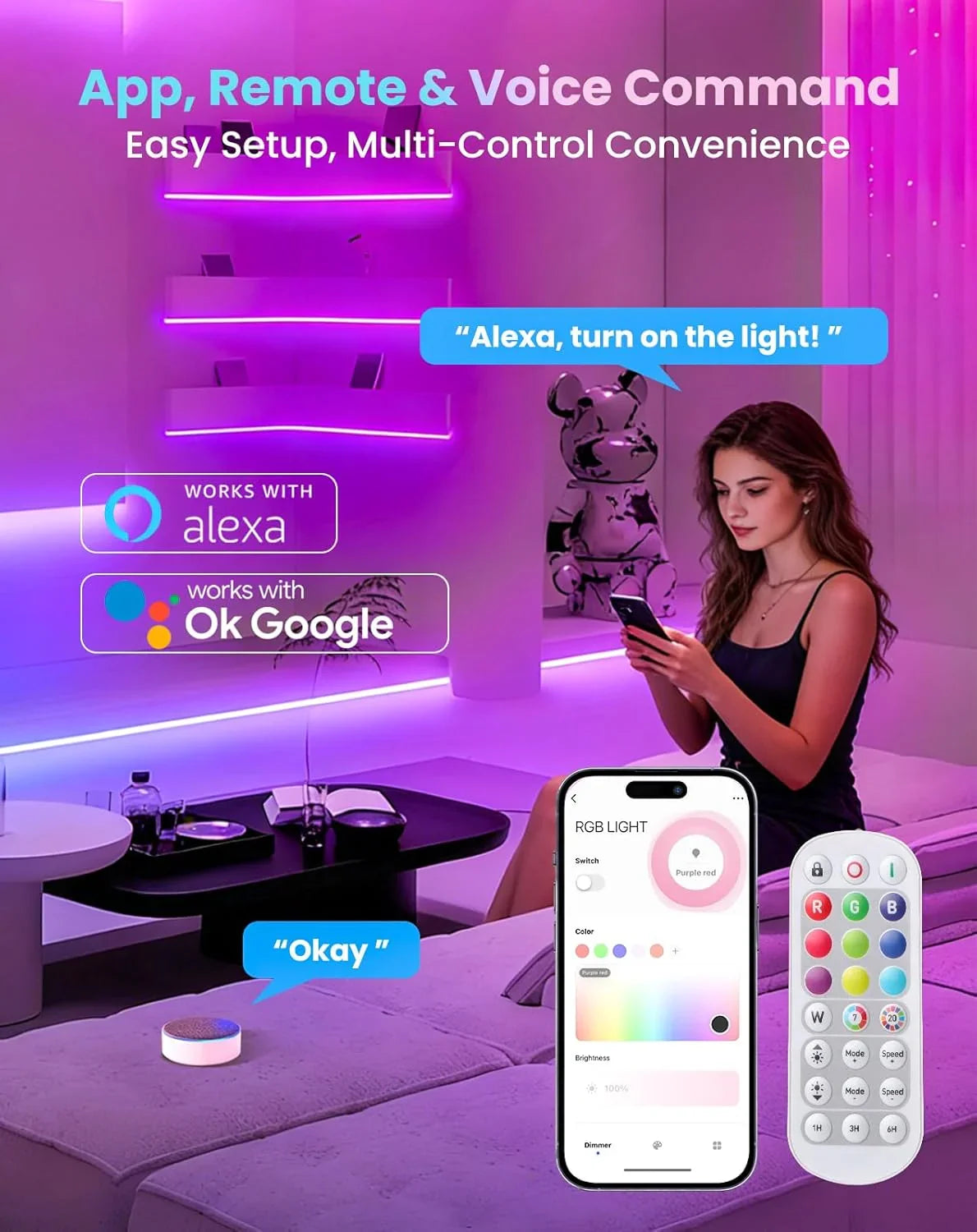 Woman using smartphone with smart home control app 120V Smart rgb neon rope light  in a room with purple lighting, featuring Alexa and Google Assistant