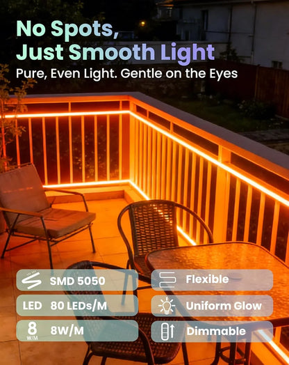 Outdoor deck with 120v smart rgb neon rope light creating a warm glow, featuring text about light quality and product features.