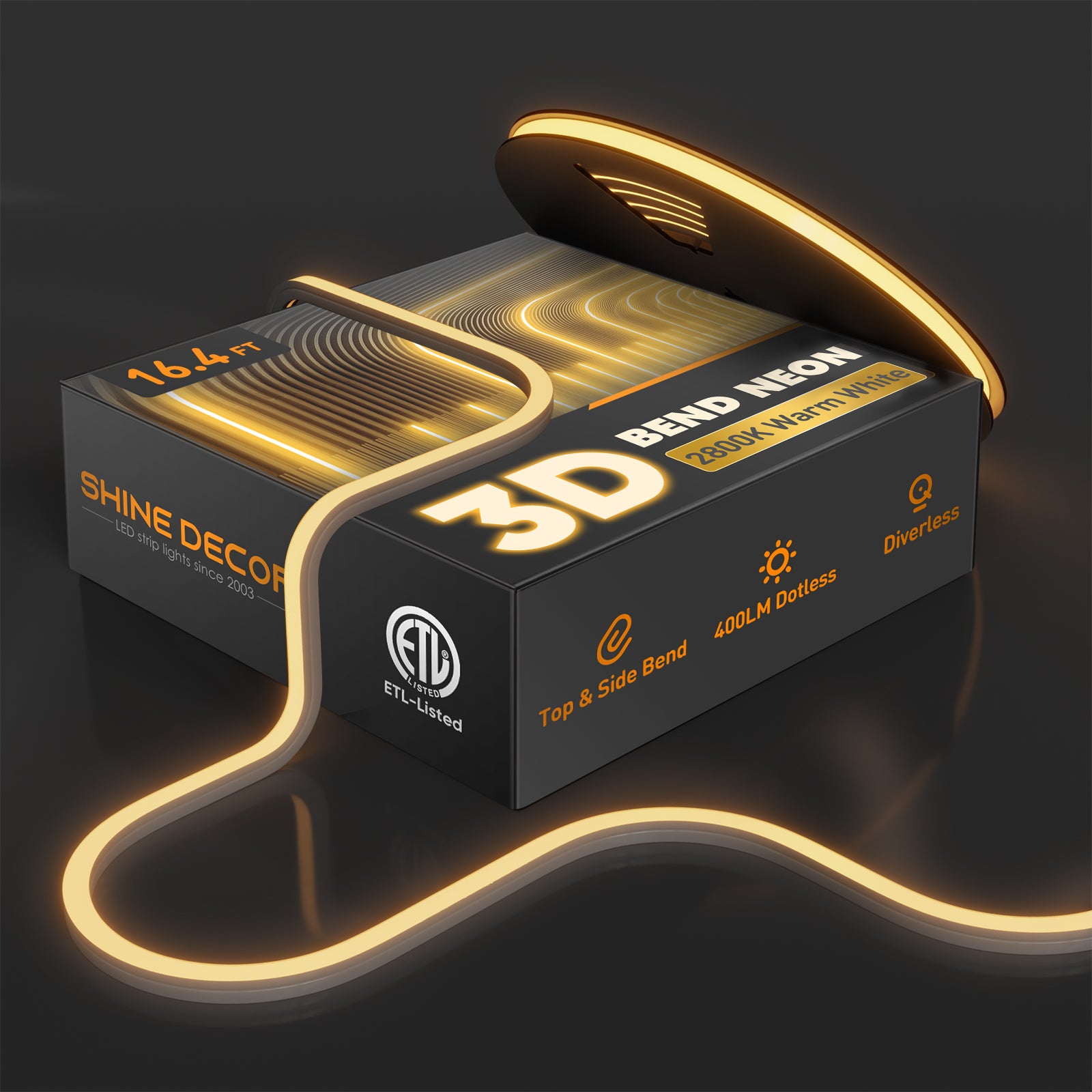 120V 3D Bend Neon Flex LED strip Top & Side Bend Flexible Neon 2800K Warm White - Shine Decor