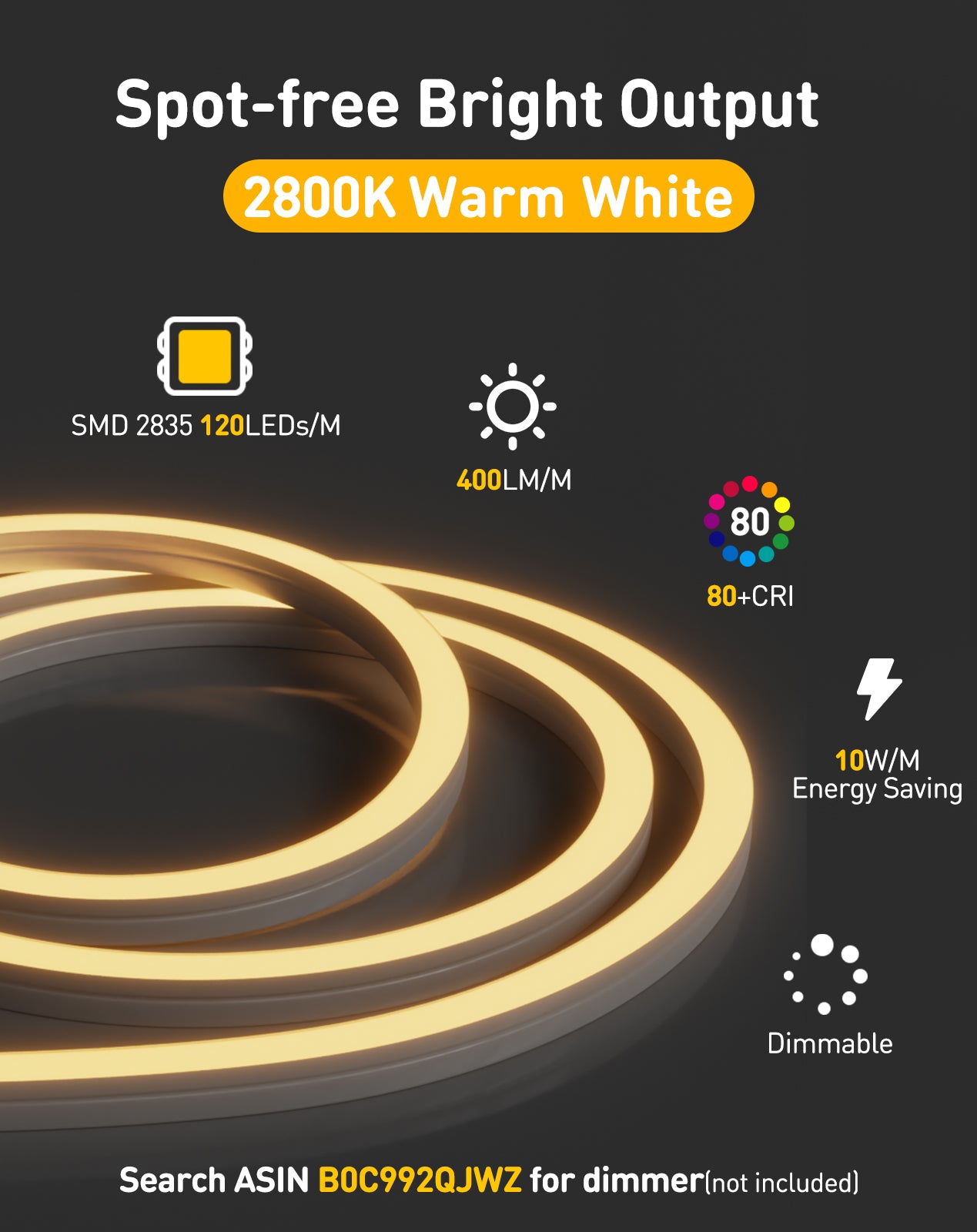 120V 3D Bend Neon Flex LED strip Top & Side Bend Flexible Neon 2800K Warm White - Shine Decor