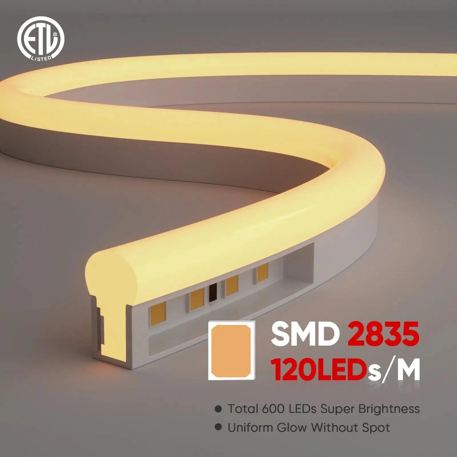 120V Neon Rope Light 3000K Warm White Uniform Glow Neon 220Lumens/M - Shine Decor