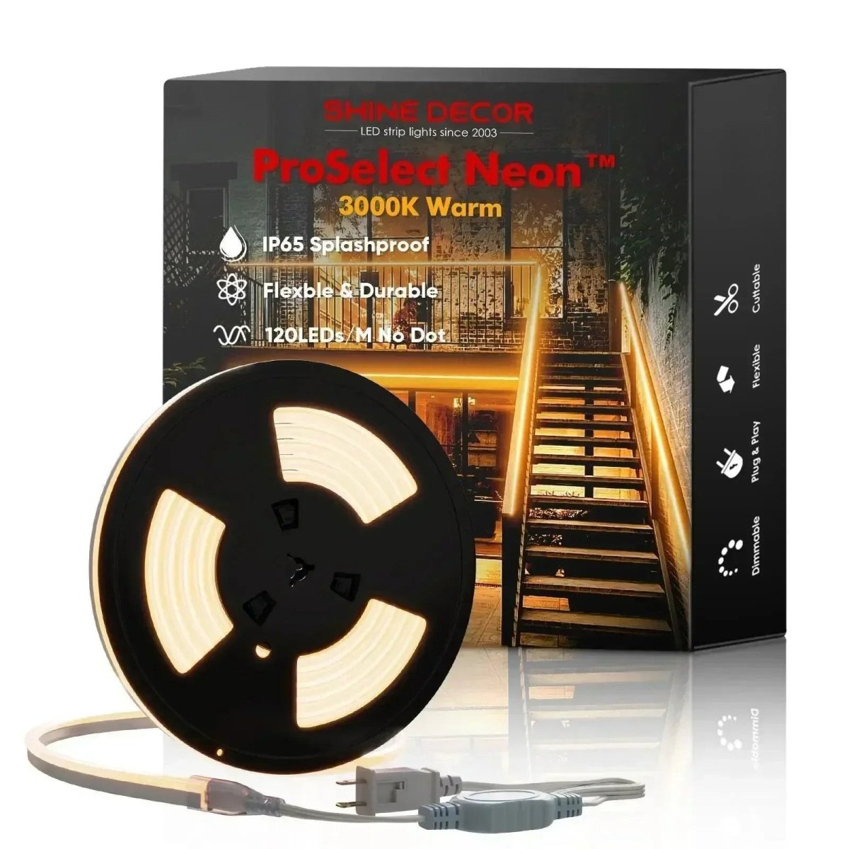 120V Neon Rope Light, 3000K Warm White Uniform Glow Neon 220Lumens/M - Shine Decor