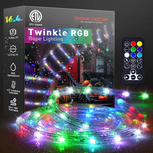 120V Twinkle RGB LED Rope Light, Remote Control Dynamic Color Modes - Shine Decor
