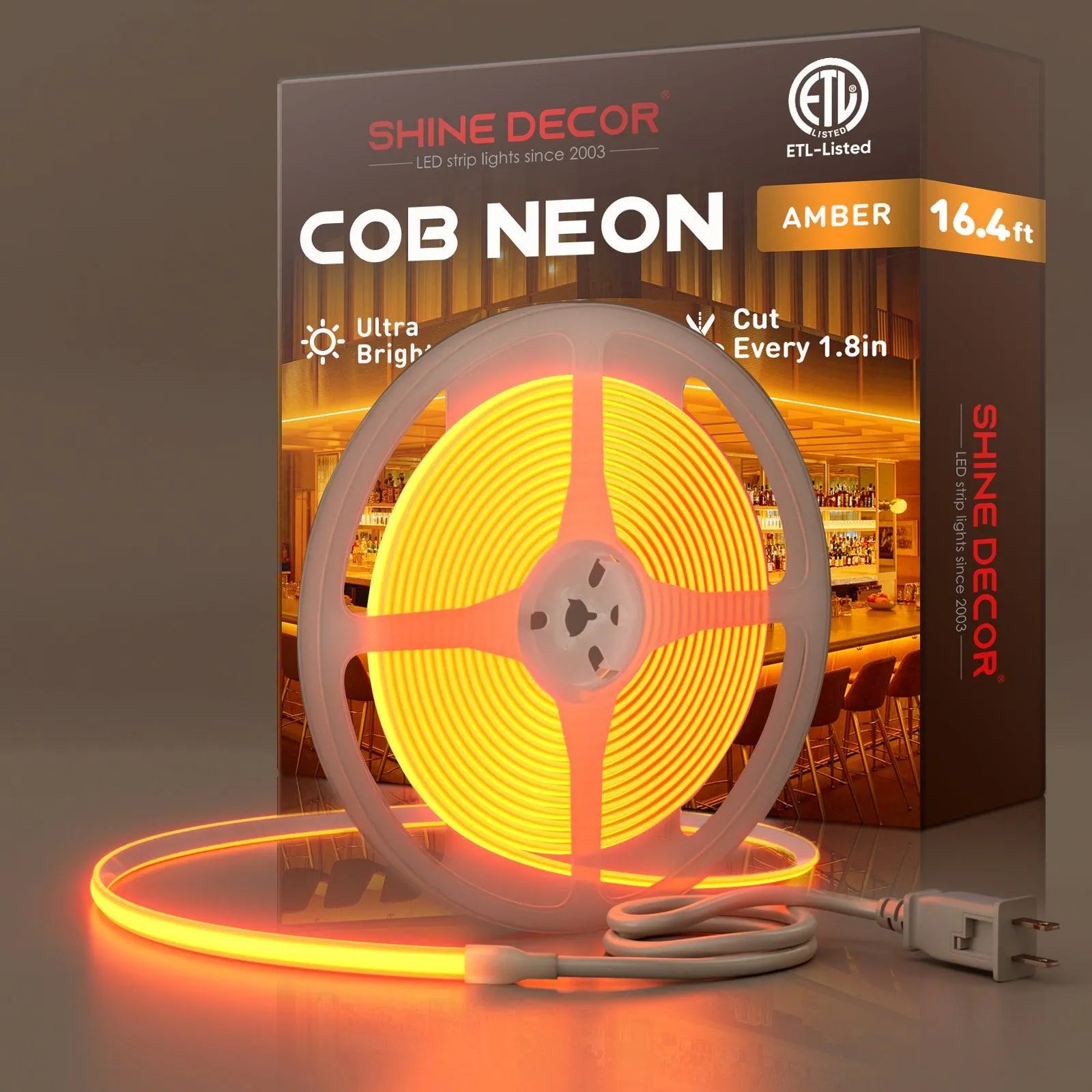 120V Ultra Bright COB LED Neon Rope Light Amber Color 800Lumens/M - Shine Decor
