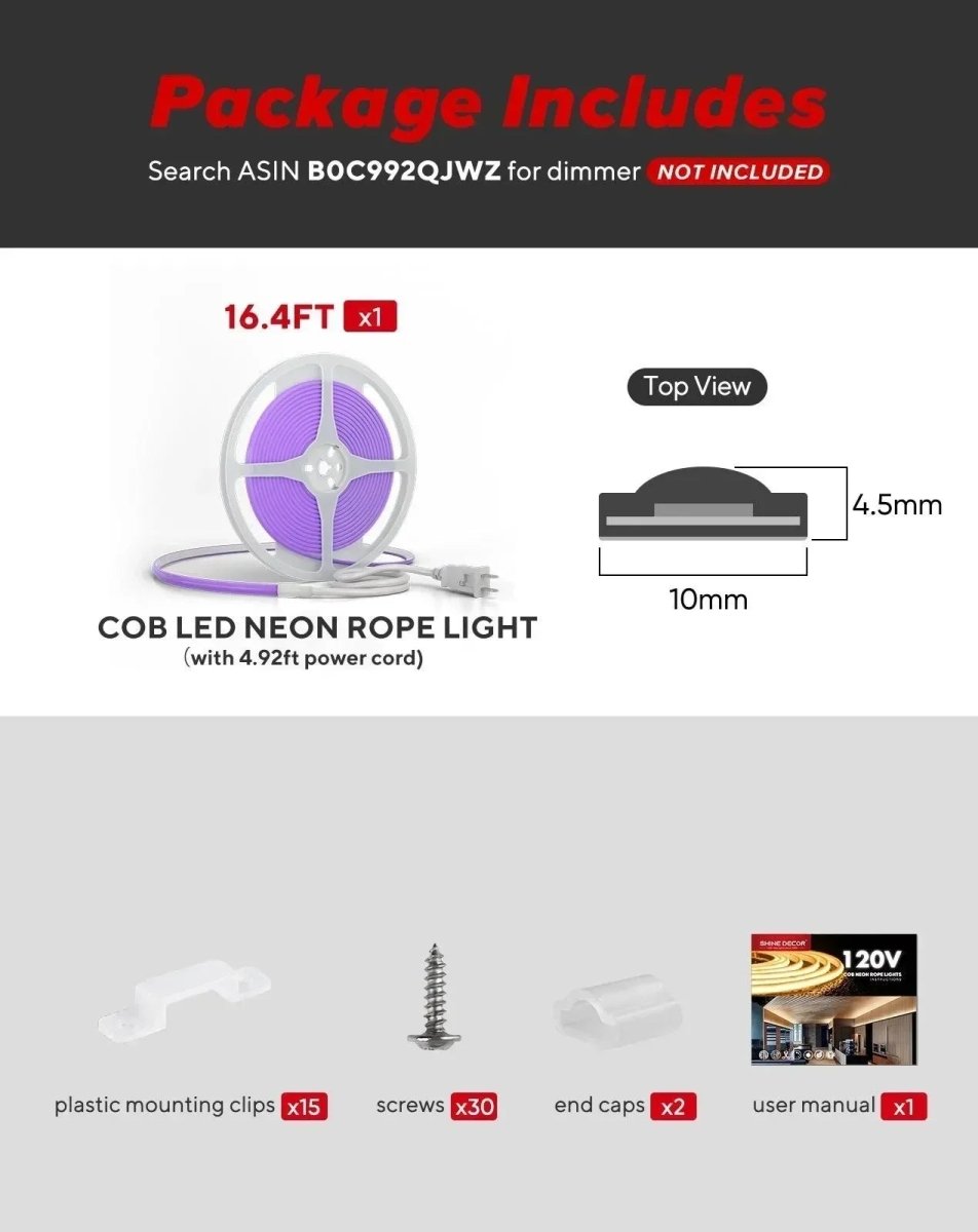 120V Ultra Bright, COB LED Neon Rope Light, Purple Color 800Lumens/M - Shine Decor